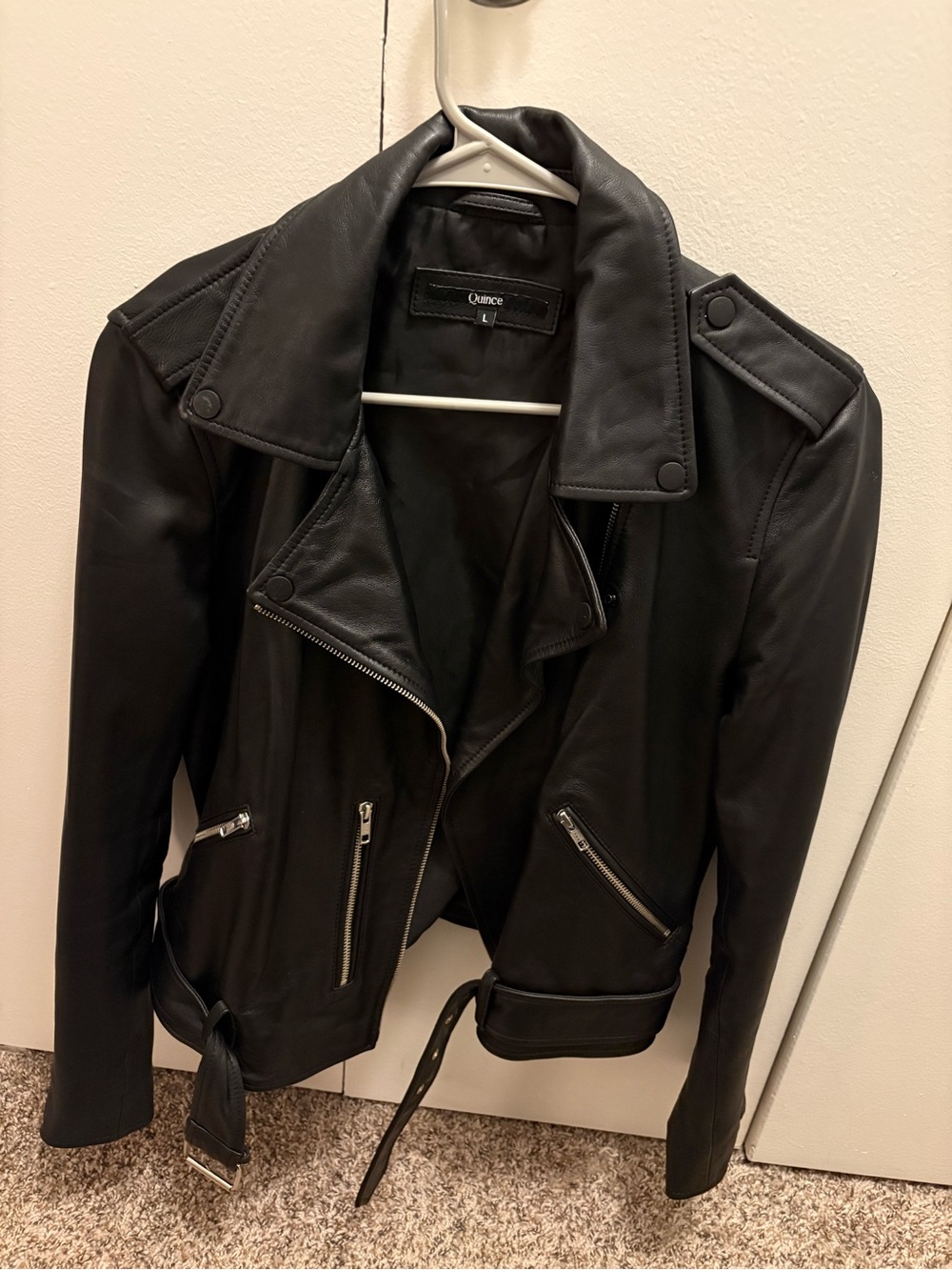 Quince Black Leather Motorcycle Jacket sz L Women's Leather Biker Jacket Belted